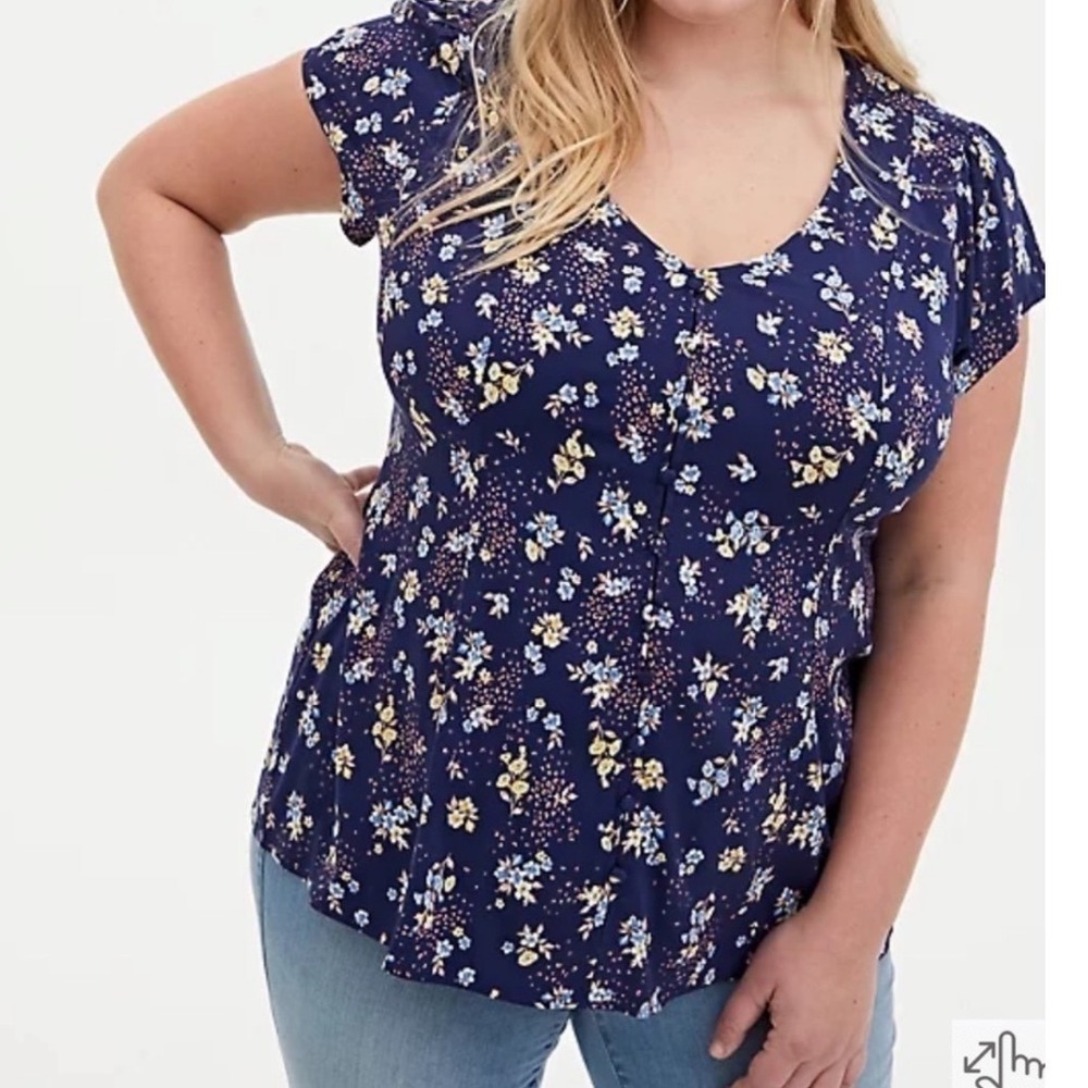 Torrid Navy Blue Floral Button Front Tie Back Babydoll Blouse Top Womens 4 4X